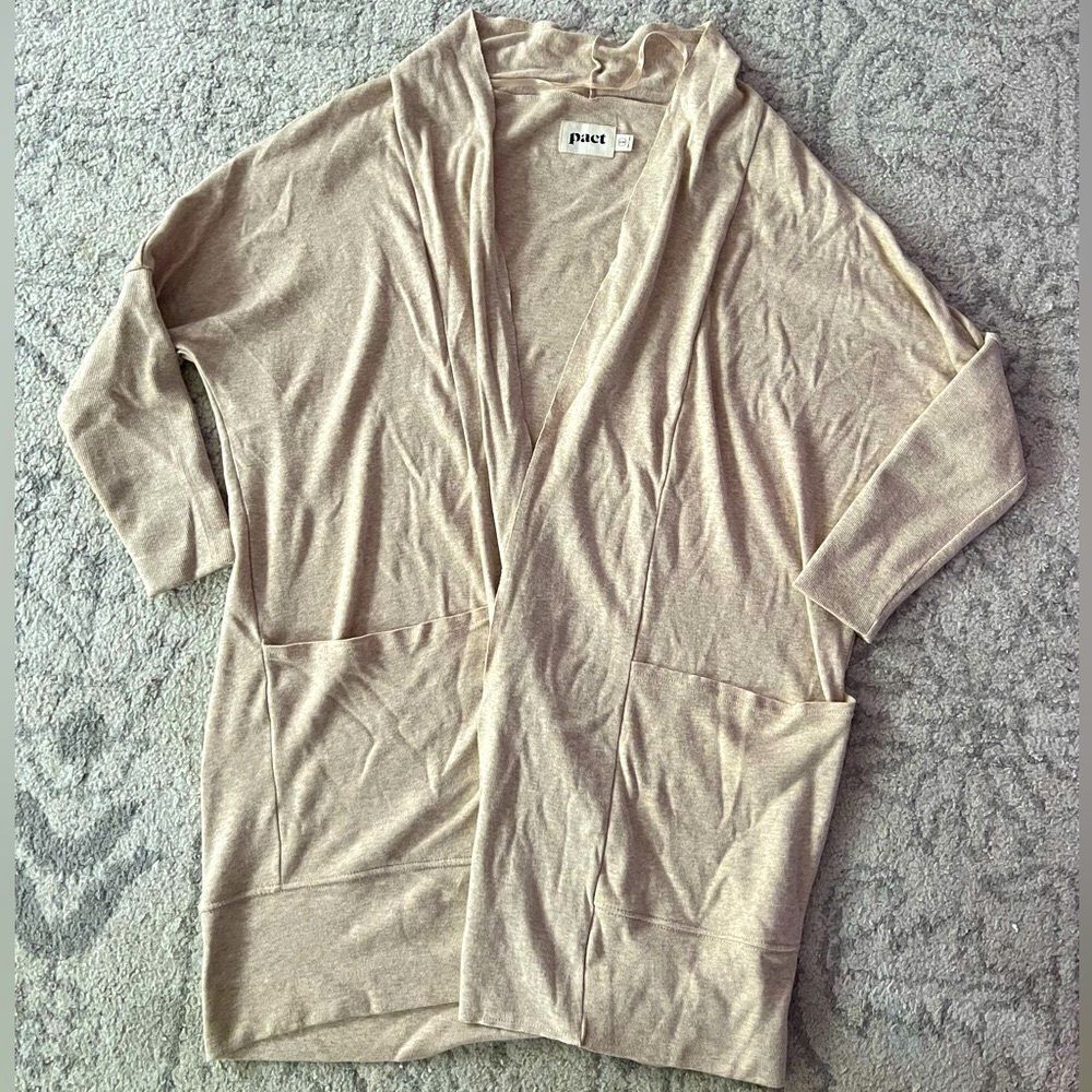Pact Tan Organic Cotton Airplane Cardigan Sweater Lightweight Open Front Sm Med